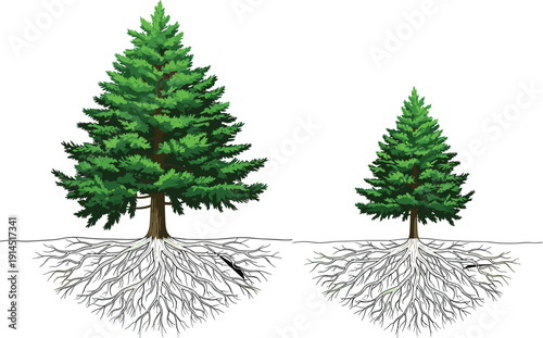 Pine tree roots illustration vector, evergreen plant anatomy with underground root system isolated on white background for education, biology, ecology, forestry, infographic, science