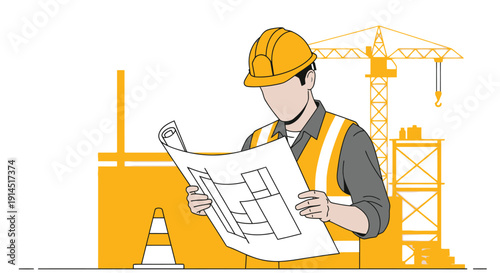 Construction Worker Reviewing Blueprint at Job Site