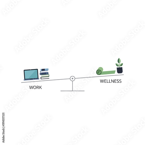 Work-life balance scale with laptop and books versus yoga mat and plant