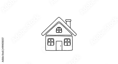 Simple Black and White Line Drawing of a Cozy Family House Illustration