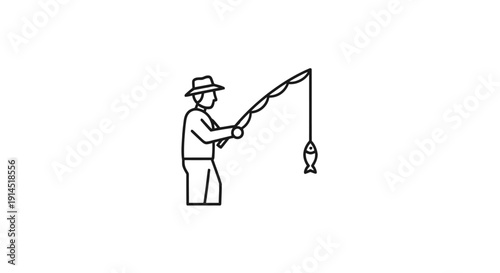 Simple Illustration of a Person Fishing with a Rod and Line in a Minimalist Style