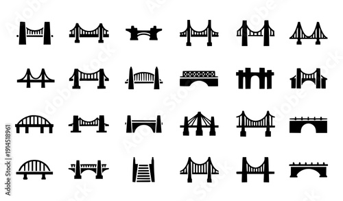 
Minimal black bridge icon silhouettes vector symbols for urban transport design