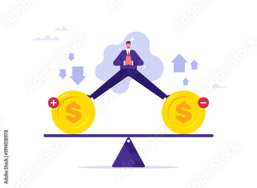 Cuadro en lienzo Budget balance or money management concept, businessman standing on the seesaw t