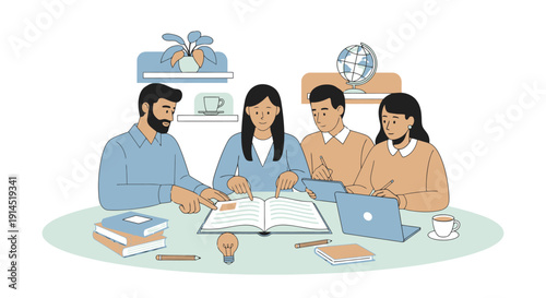 Group study session with open book and laptop