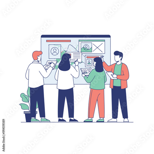 Team collaboration analyzing digital board with profiles and diagrams