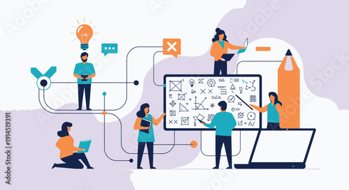 Team collaboration with digital whiteboard and laptops in modern office
