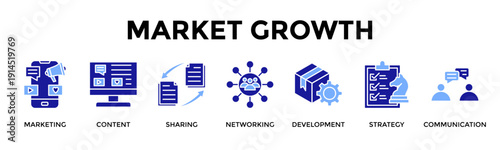 Market Growth Icon Set Collection Pack Banner Web Vector Illustration  Concept Containing Marketing, Content, Sharing, Networking, Development, Strategy, Communication