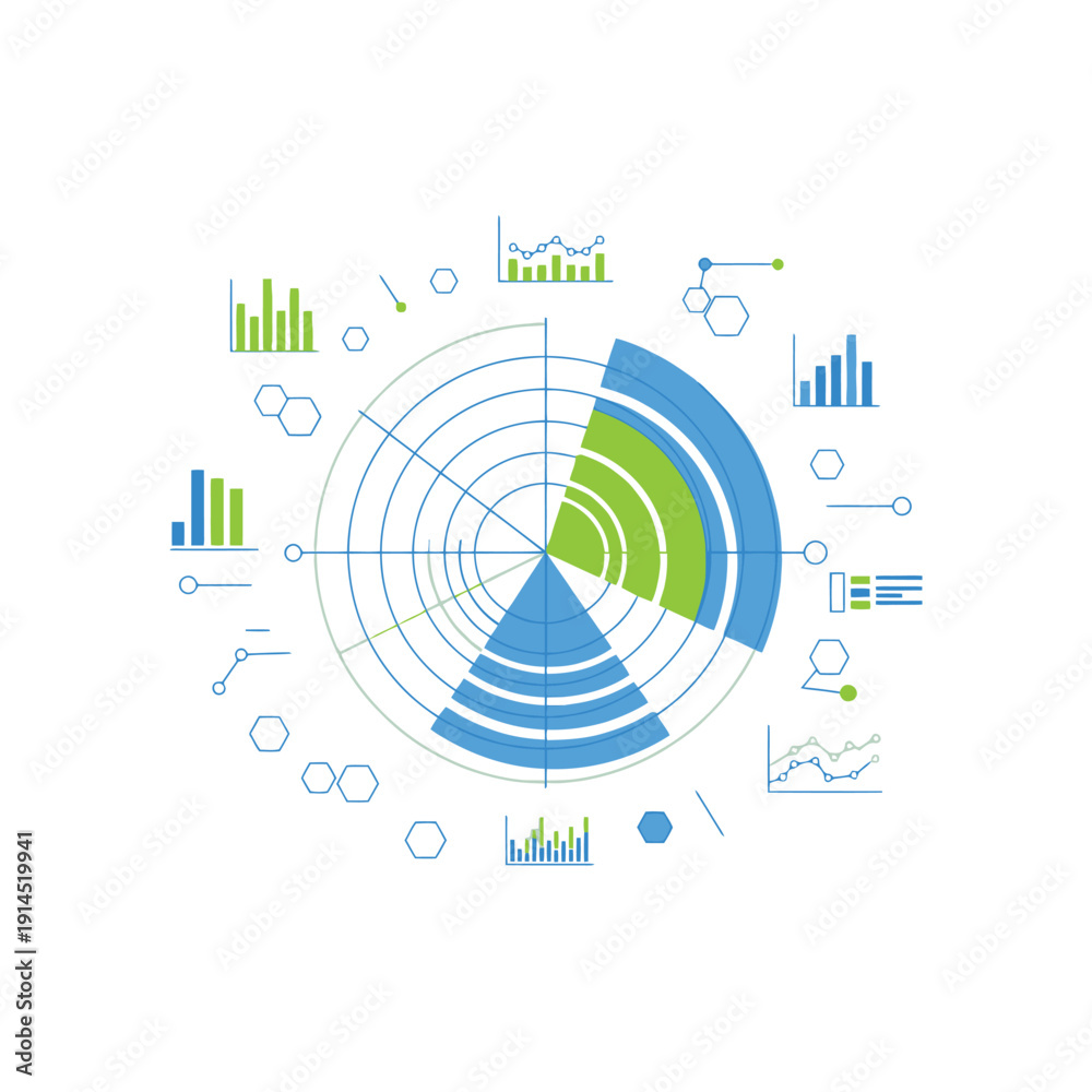 Obraz premium Radar chart with concentric rings and surrounding data visuals