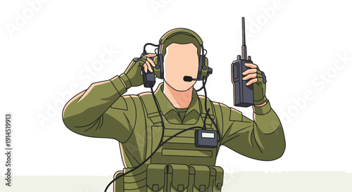 Military communicator in tactical gear using radio headset and handheld radio