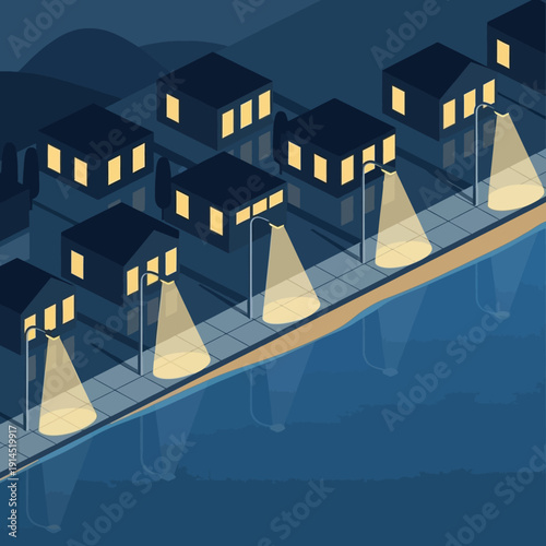 Isometric village on water with lit houses at night.