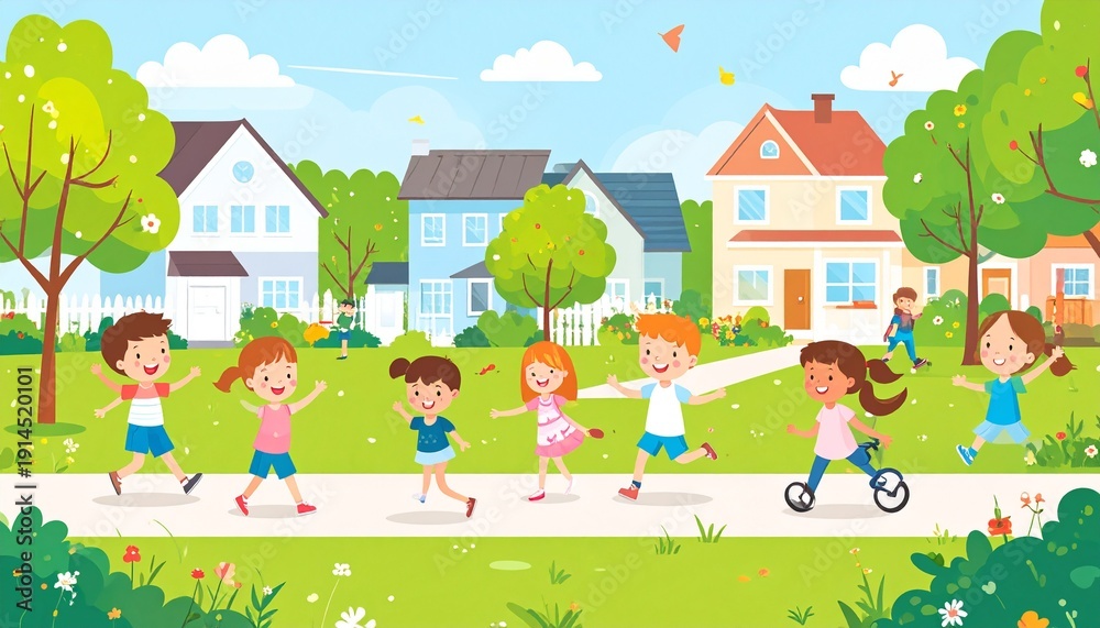 Naklejka premium Children playing in a neighborhood street with houses and trees.