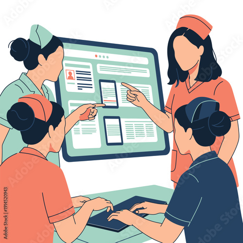 Medical team collaborating around a large screen displaying patient data and tablets