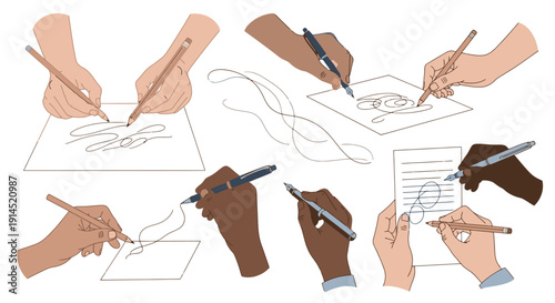 Multiple Hands Drawing and Writing on Paper in Collaborative Scene