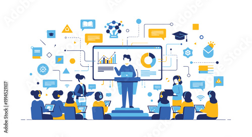 Speaker presenting data analytics in a classroom with students and digital dashboards