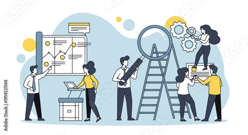 Team of professionals collaborating on project planning and technical work