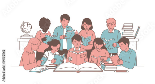 Group students study circle reading books in classroom