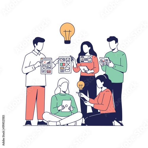 Team of people collaborating with charts and devices for brainstorming