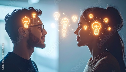 Wallpaper Mural Creative Minds - Man and Woman Sharing Ideas with Lightbulb Imagery. Torontodigital.ca