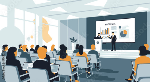 Conference Audience and Presenter in Modern Seminar Room