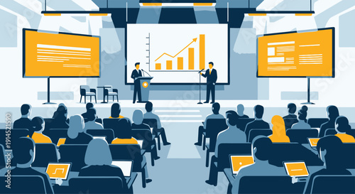 Business Conference Presentation in Lecture Hall with Graphs