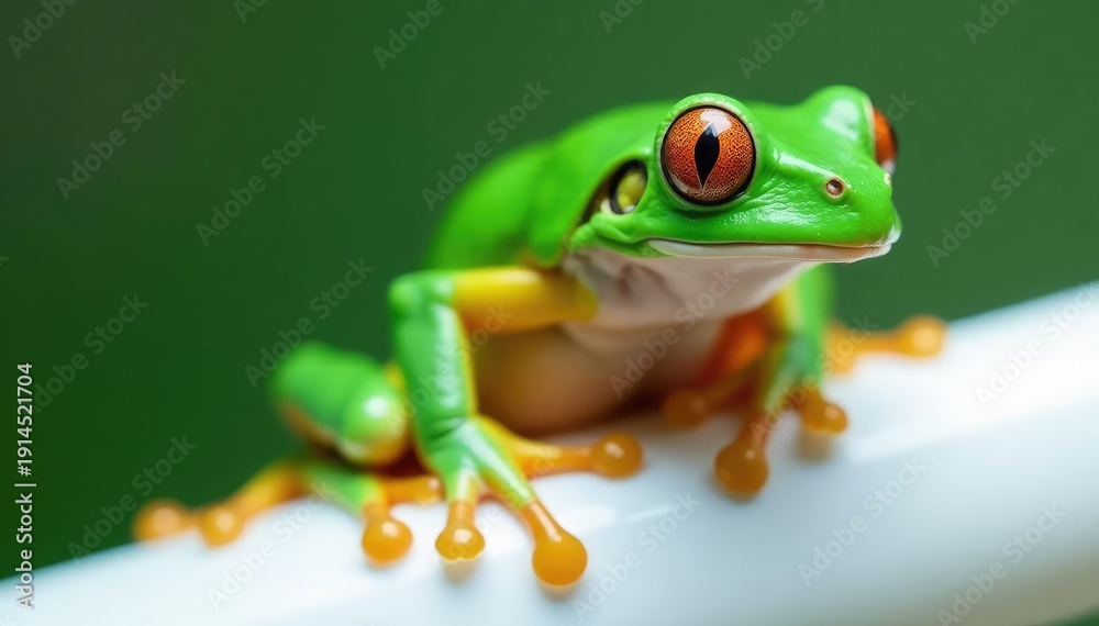 Obraz premium Green tree frog perched on white, vibrant skin, wet, animal, summer