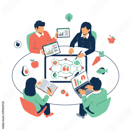 Team of scientists collaborate around a table with digital devices and fruit network diagram