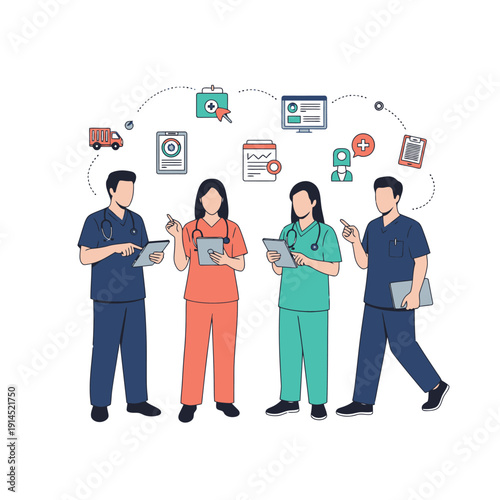 Medical team collaboration with tablets and patient care icons