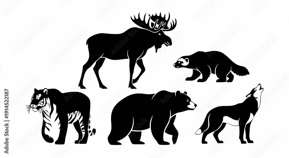 Obraz premium Black and white silhouette illustration of wild animals including a tiger moose bear howling wolf and wolverine in a collection