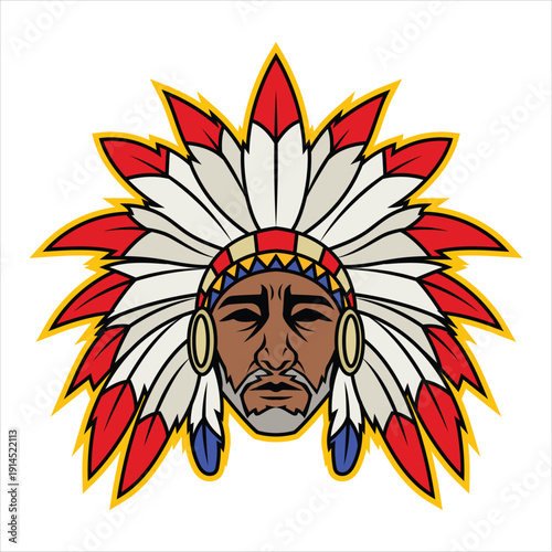 Native american chief wearing feathered war bonnet Vector
