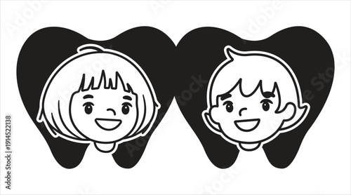 Happy children faces inside black tooth shapes Vector