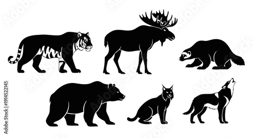 Black and white silhouette illustration of wild forest animals including a tiger moose bear lynx howling wolf and wolverine in a row