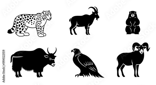 Black and white silhouette illustration of a collection of wild mountain animals including a snow leopard ibex marmot yak eagle and bighorn sheep