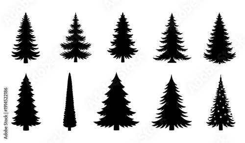 Christmas tree silhouette set vector black pine fir spruce decorations isolated on transparent background