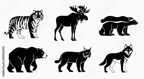 Black and white silhouette illustration of a collection of wild animals including a tiger moose wolverine bear lynx and wolf