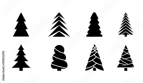 Minimal Christmas tree silhouette icon set vector modern black holiday trees isolated on transparent background