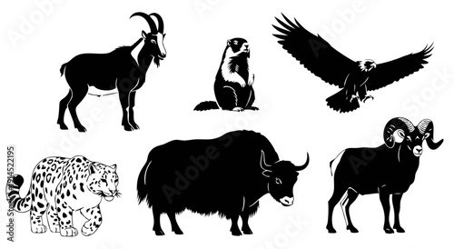 Silhouette illustration of mountain wildlife featuring a snow leopard ibex marmot yak eagle and bighorn sheep in a collection