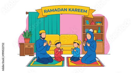 Muslim Family Praying Together Indoors for Ramadan Kareem Celebration
