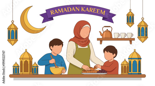 Muslim Family Preparing Food with Children for Ramadan Kareem Celebration