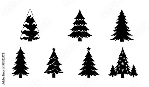 Decorative Christmas tree silhouette collection vector black winter holiday trees isolated on transparent background