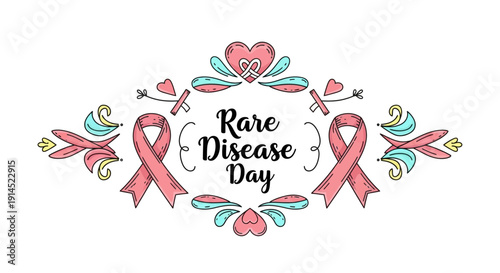 Illustration of Rare Disease Day awareness campaign with pink ribbons and floral design on white background
