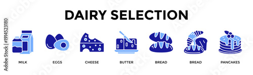 Dairy Selection Icon Set Collection Pack Banner Web Vector Illustration  Concept Containing Milk, Eggs, Cheese, Butter, Bread, Bread, Pancakes