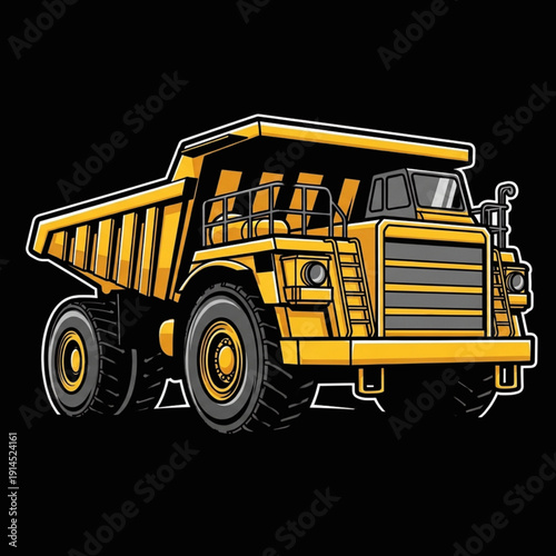 Large yellow articulated mining dump truck with massive tires and protective cage, in a bold, graphic, stylized, vector art presentation on a black background.