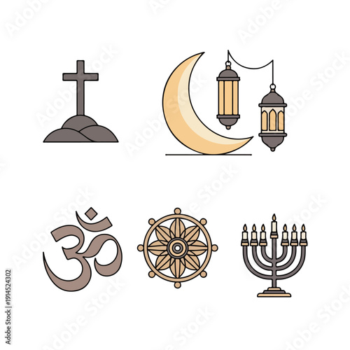 A digital illustration of various religious symbols including a cross, crescent moon with lanterns, Om, dharma wheel, and menorah on a white background. Perfect for education, cultural