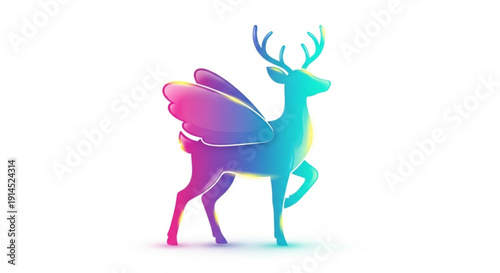 Mythical deer with butterfly wings in vibrant colors standing alone