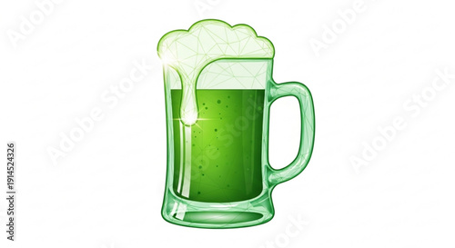 Green beer mug with foamy head on white background