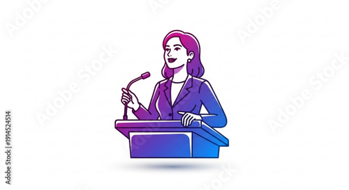 Woman speaking at podium with microphone in hand confidently