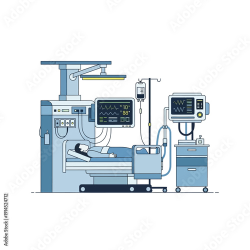 Modern hospital intensive care unit with patient on bed and medical equipment