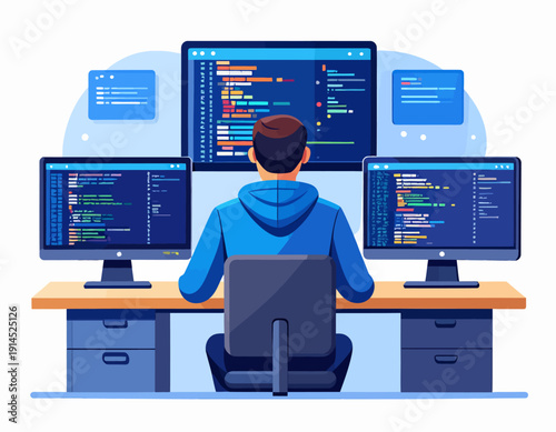 Programmer working at a desk with multiple computer monitors displaying code, illustrating software development and technology