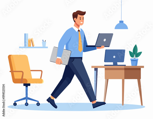 A busy professional man walking through a modern office, carrying a laptop and documents, showcasing multitasking and efficiency in a contemporary workspace