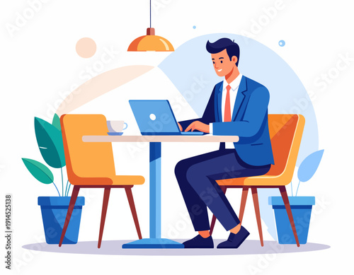 Professional man working diligently on his laptop in a bright and modern cafe setting, enjoying a cup of coffee